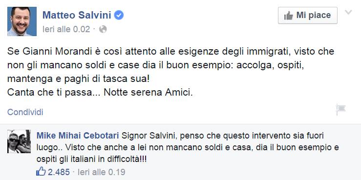 Matteo Salvini contro Gianni Morandi sull'accoglienza degli immigrati e profughi in Mediterraneo
