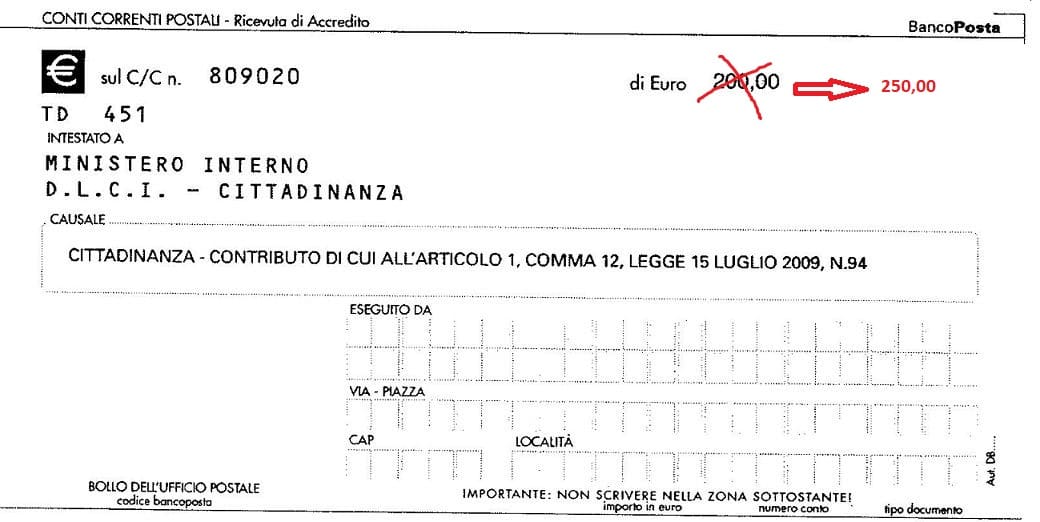 Bollettino di pagamento del contributo per la cittadinanza italiana con il nuovo decreto salvini
