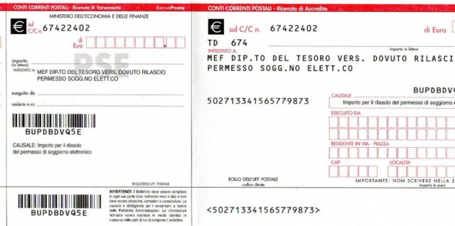 Bollettino postale per pagamento tassa per aver un permesso di soggiorno