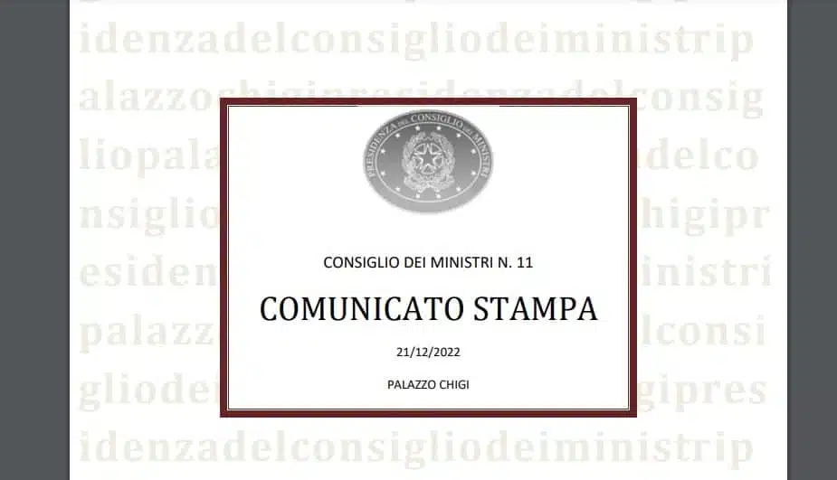 Comunicato Stampa Consiglio dei Ministri del 21 dicembre 2022 anche sul decreto flussi 2022 - 2023.